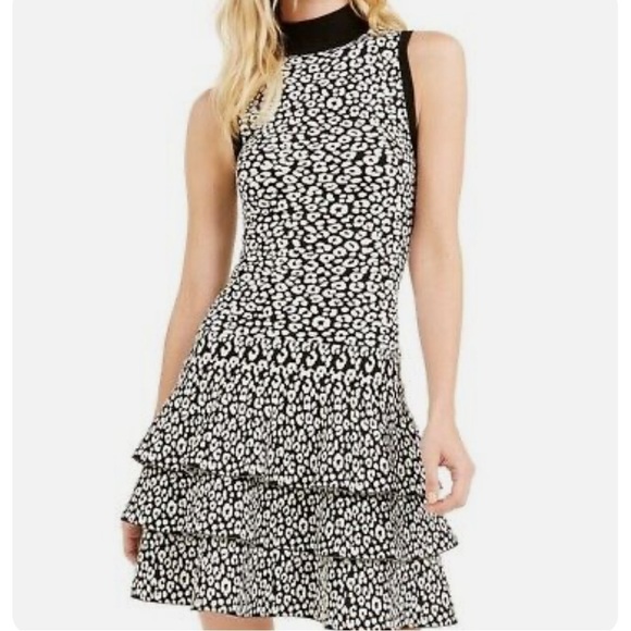 NWT MICHAEL KORS Black/White Leopard Print Sleeveless Ruffle Mini Dress Sz XS - Picture 1 of 13